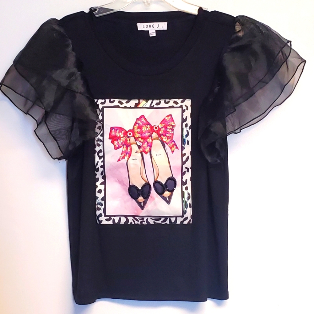 Love J Tulle Sleeve Jewled Sequin Tee Shirt Small